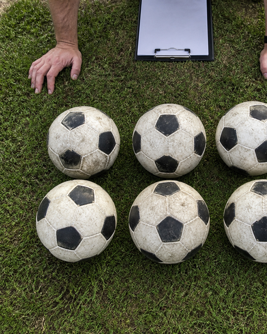 Exactly six soccer balls arranged on grass beside a coach’s clipboard