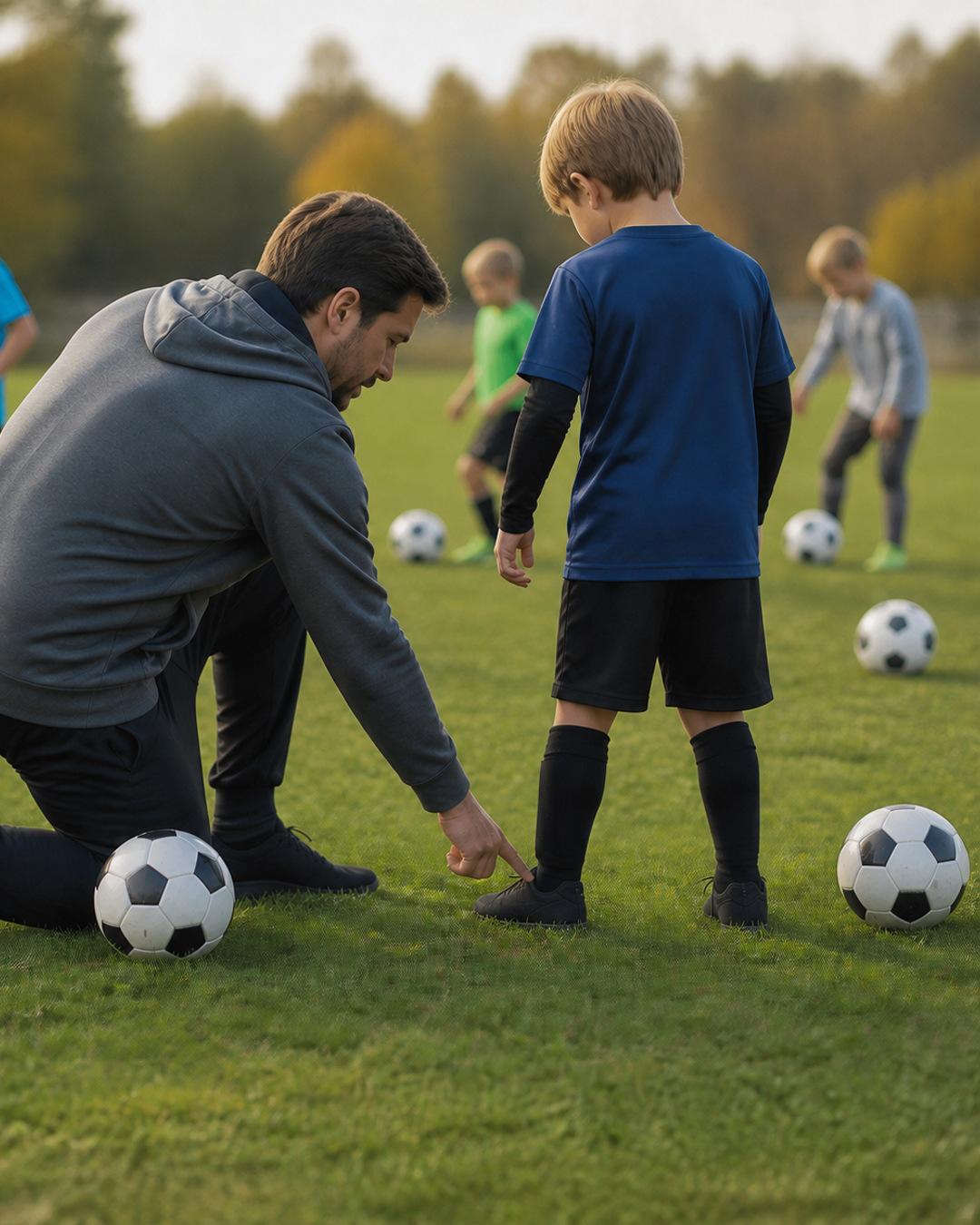 A soccer coach kneeling to correct a young player’s plant foot in a small group
